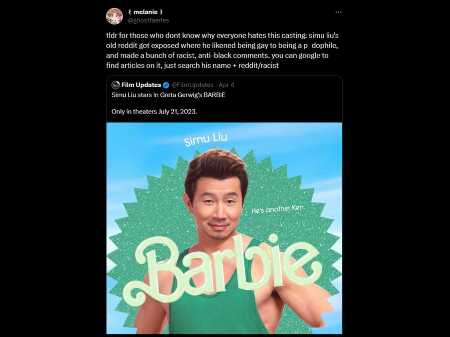 Simu Liu's supposed Reddit posts outed him as a racist. (Image via X/@ghostfaeries)